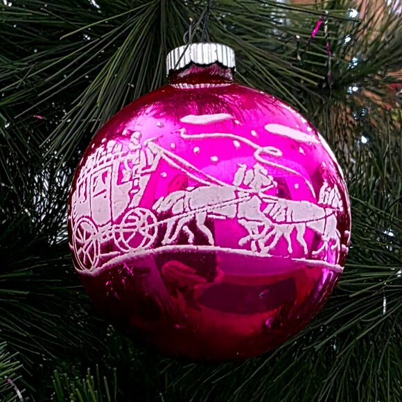 VTG Shiny Brite Stencil Stagecoach Pink Glass Christmas Ornament Horses Snow MCM - Picture 3 of 12